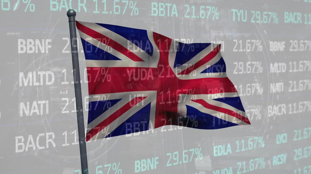 Animation af behandling af børsdata over vajende britisk flag mod grå baggrund