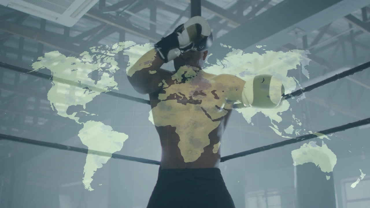 Training in gym, boxer with world map animation highlighting global connections