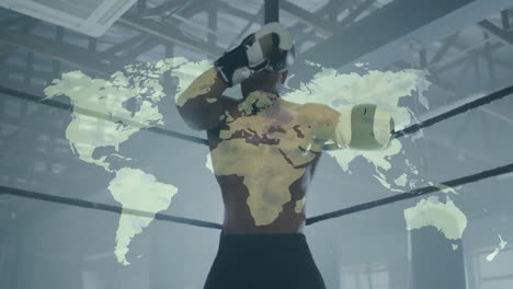 training in gym, boxer with world map animation highlighting global connections