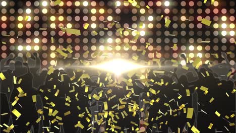 animation of gold confetti falling over dancing crowd with flashing orange lights and spotlight