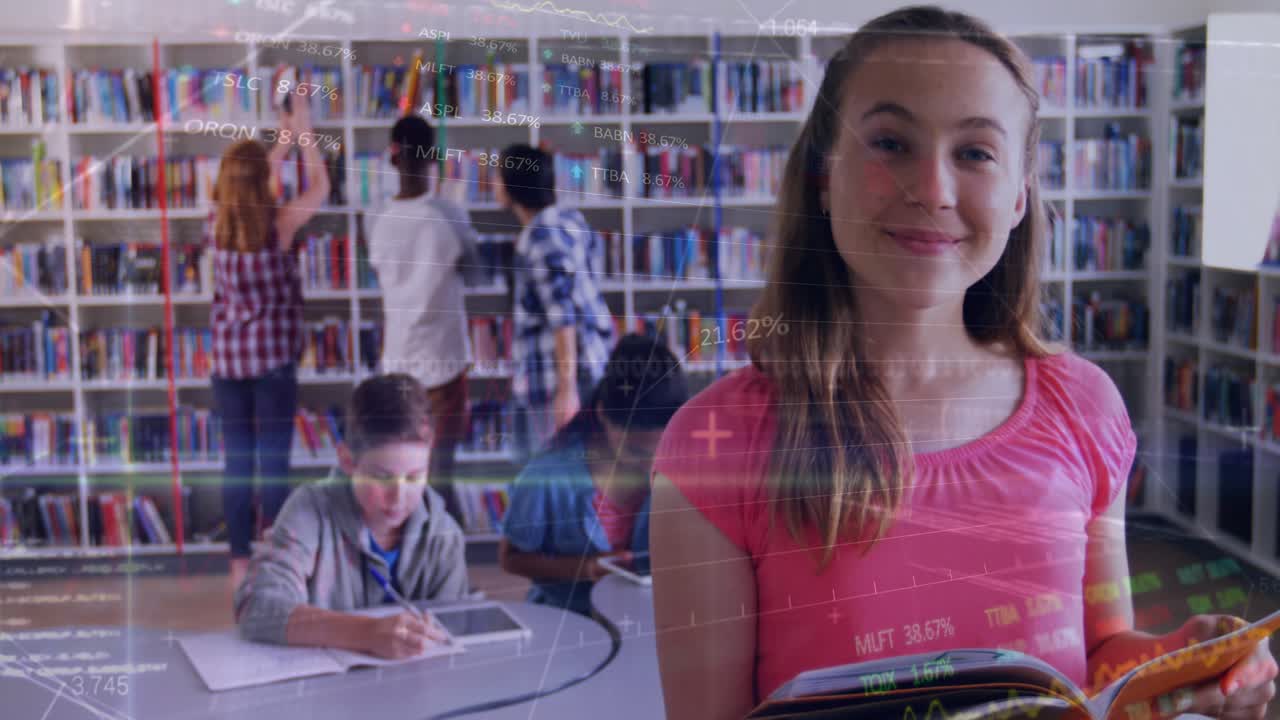 Teenage girl holding orange book and reading, causing data overlay moving across library for study