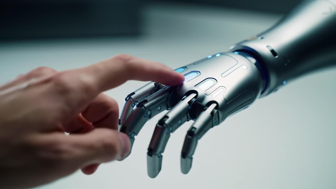 A Close Encounter with Technology: Exploring the Intricacies of a Futuristic Robotic Hand Engaging with Human Touch and Interaction