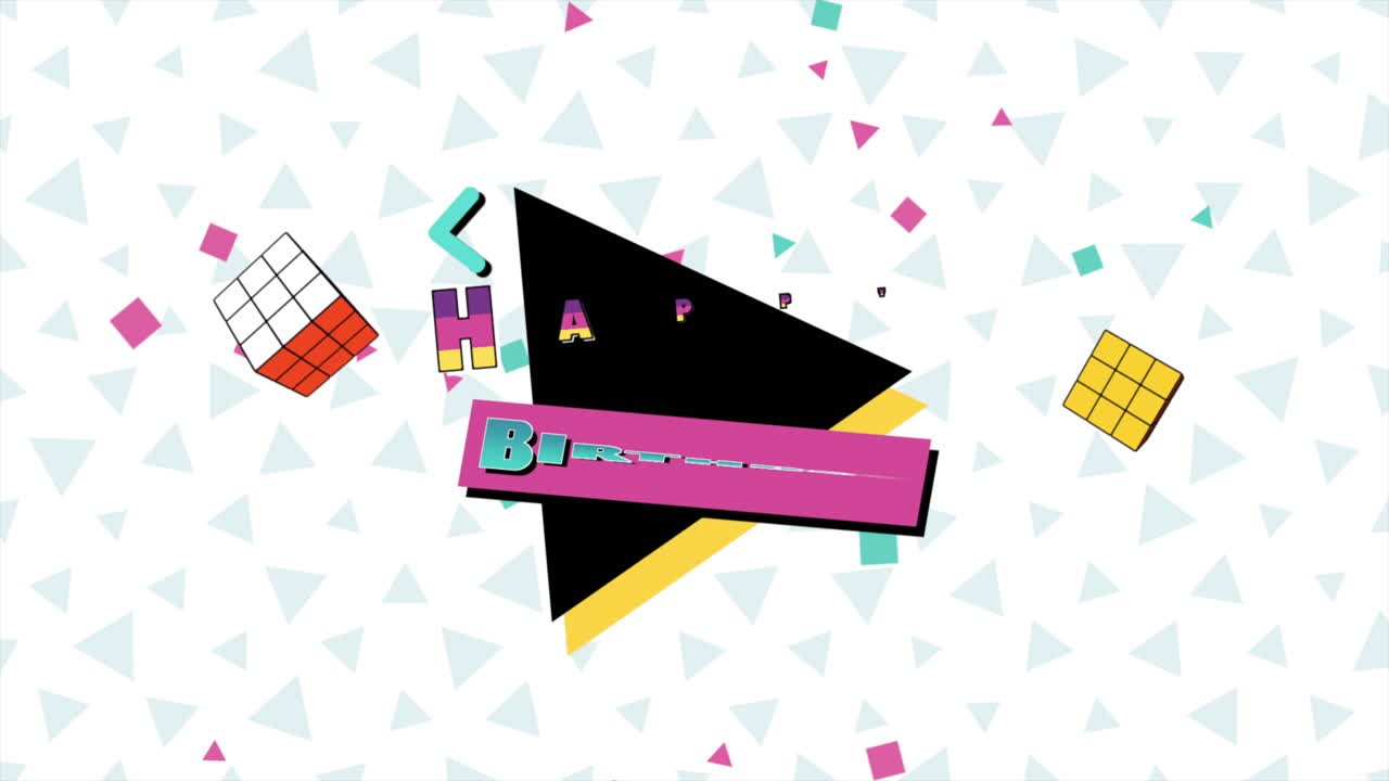 colorido saludo de cumpleaños geométrico con estilizado feliz cumpleaños en rojo y azul