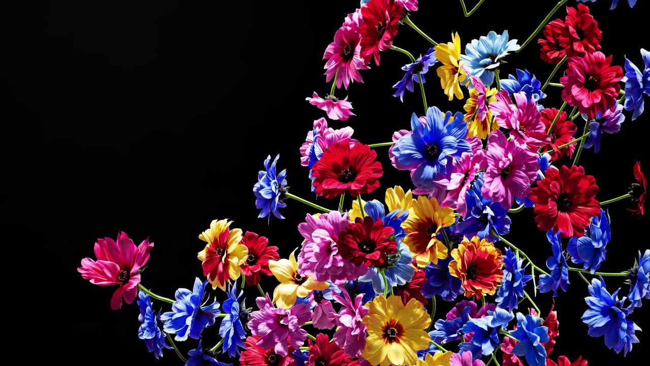Siyah bir arka plana karşı şelale gibi akan canlı çiçekler, düşük bir açıdan çekilmiş
