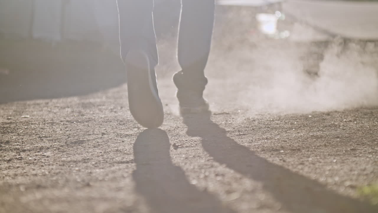 축제의 먼지투성이 땅을 밟고 있는 남자