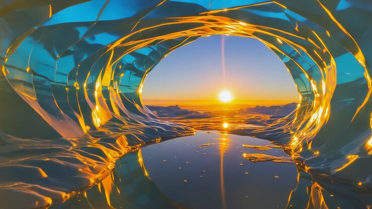 Golden Sunset through an Icy Cavern