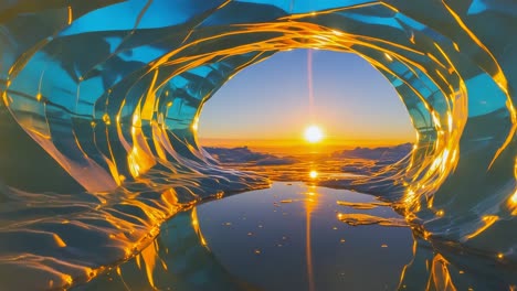 golden sunset through an icy cavern