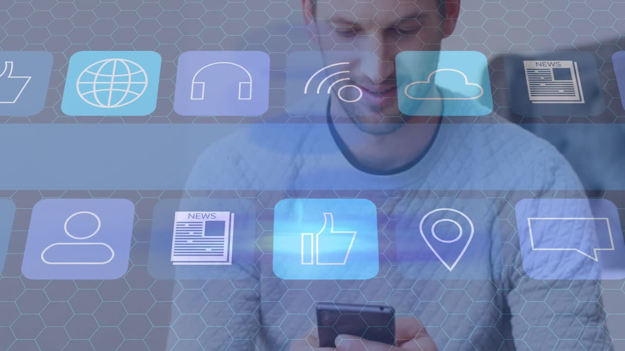 animación de iconos de los medios sobre el hombre caucásico usando un teléfono inteligente