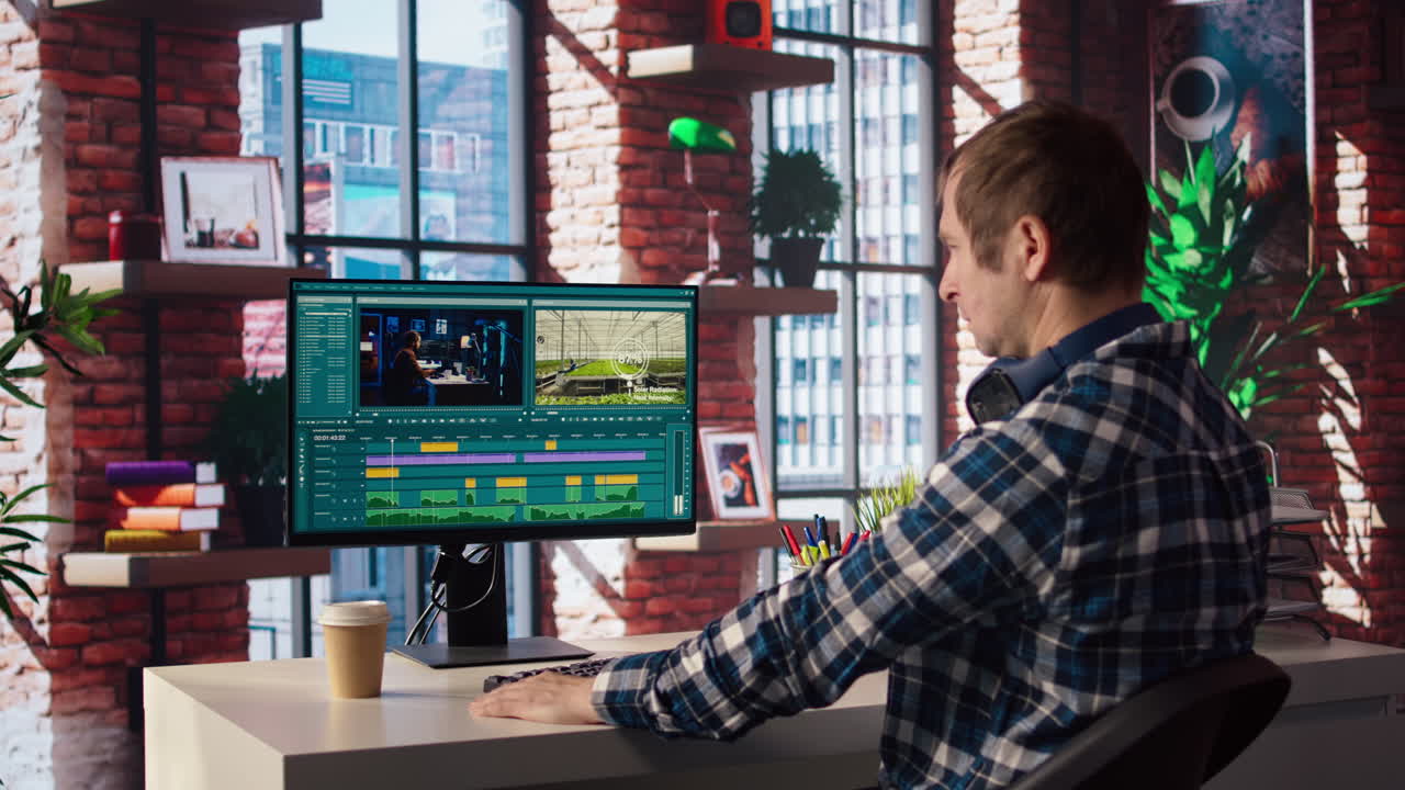 editor de video analizando el montaje de la película en la computadora