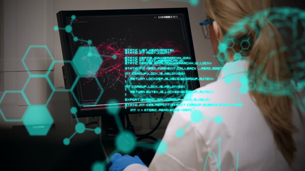 Animation of scientific data over caucasian female lab worker using computer