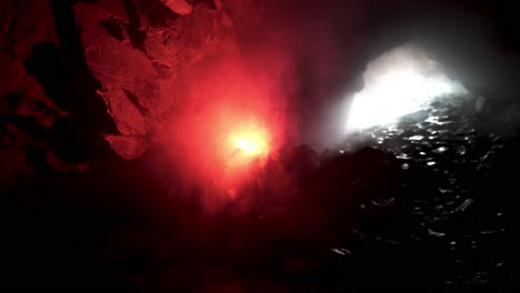 cave exploration with red flare and light source