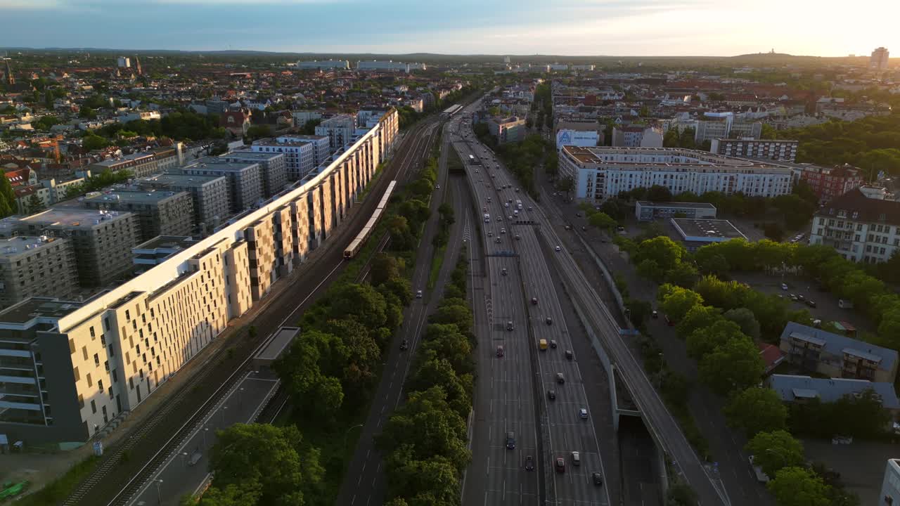 Aerial View of City Highway at Sunset