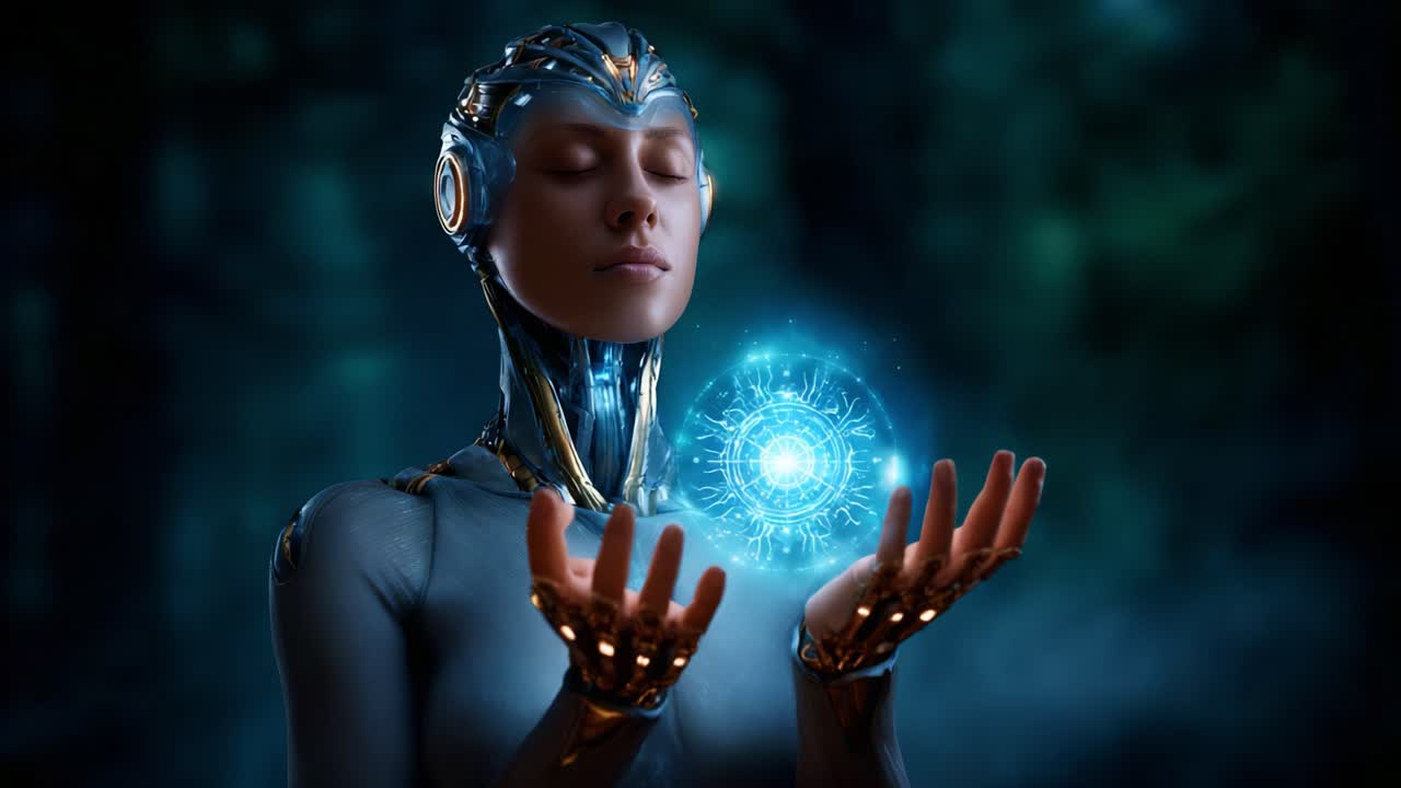 Una serena figura robotica concentrata su una sfera di energia luminosa, che illustra l'armonia tra tecnologia e spiritualità in un ambiente futuristico e accattivante