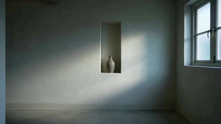 Framing niche with vase in room as window light shifting causing cam pulling back revealing notice