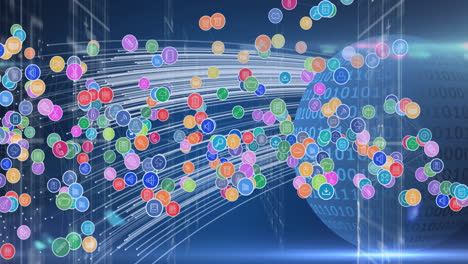 network of digital icons against binary coding on globe against light trails on blue background