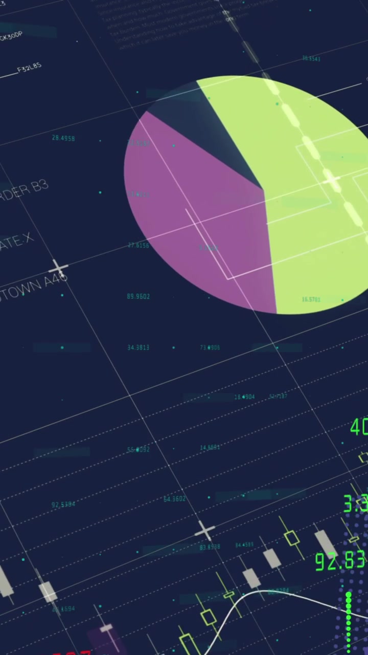 Animation of financial and statistical data processing against blue background