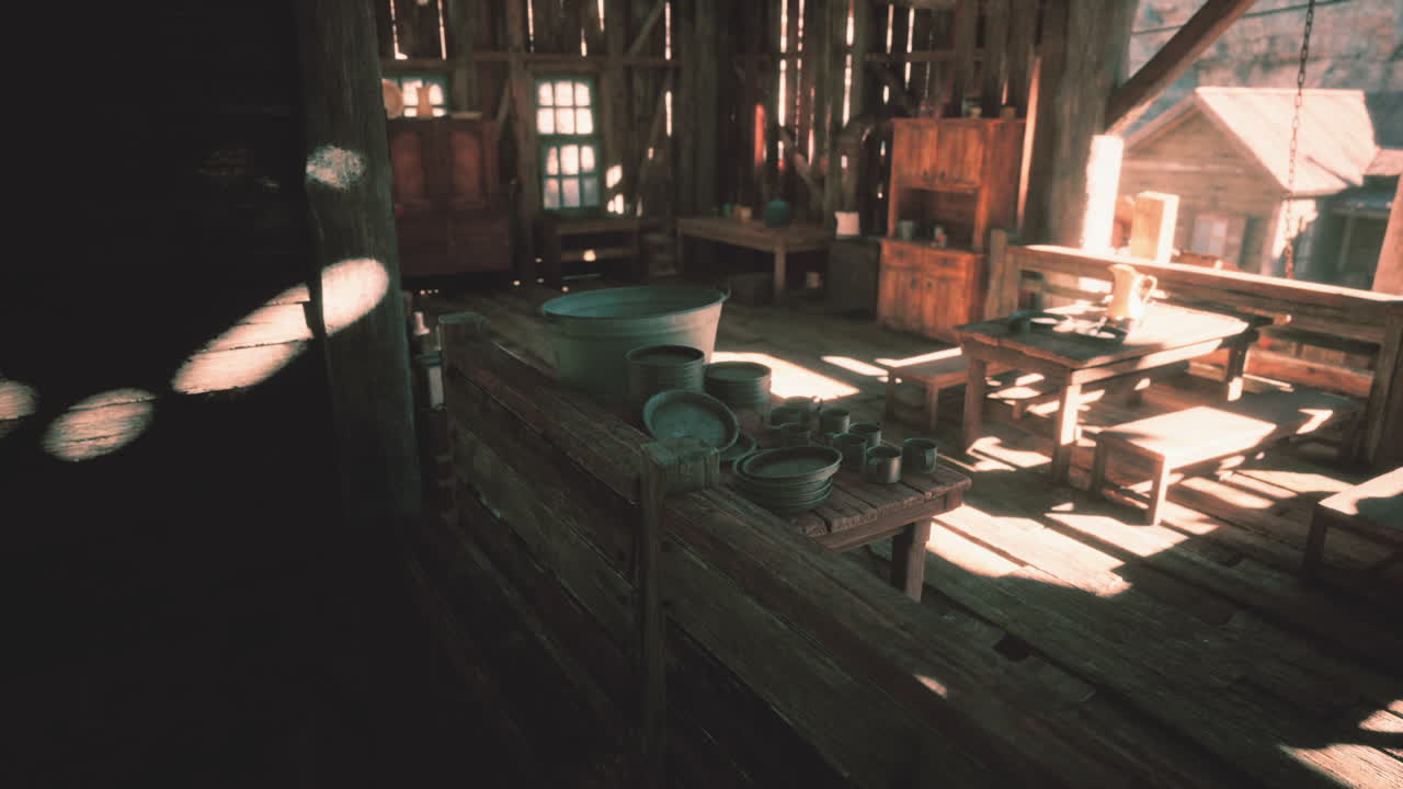 시골 목조 오두막 내부