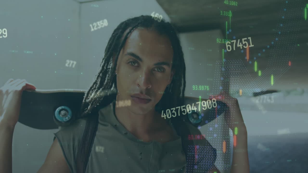 Animation of graphs and changing numbers, biracial man with skateboard on shoulder looking at camera