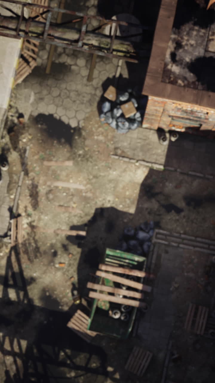 도시 골목 에 있는 쓰레기통 과 쓰레기 어리 의 공중 사진