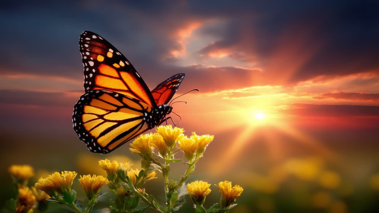 Una maestosa farfalla monarca appollaiata su vivaci fiori gialli, che si gode un colorato sfondo al tramonto con delicati raggi di luce e un'atmosfera tranquilla