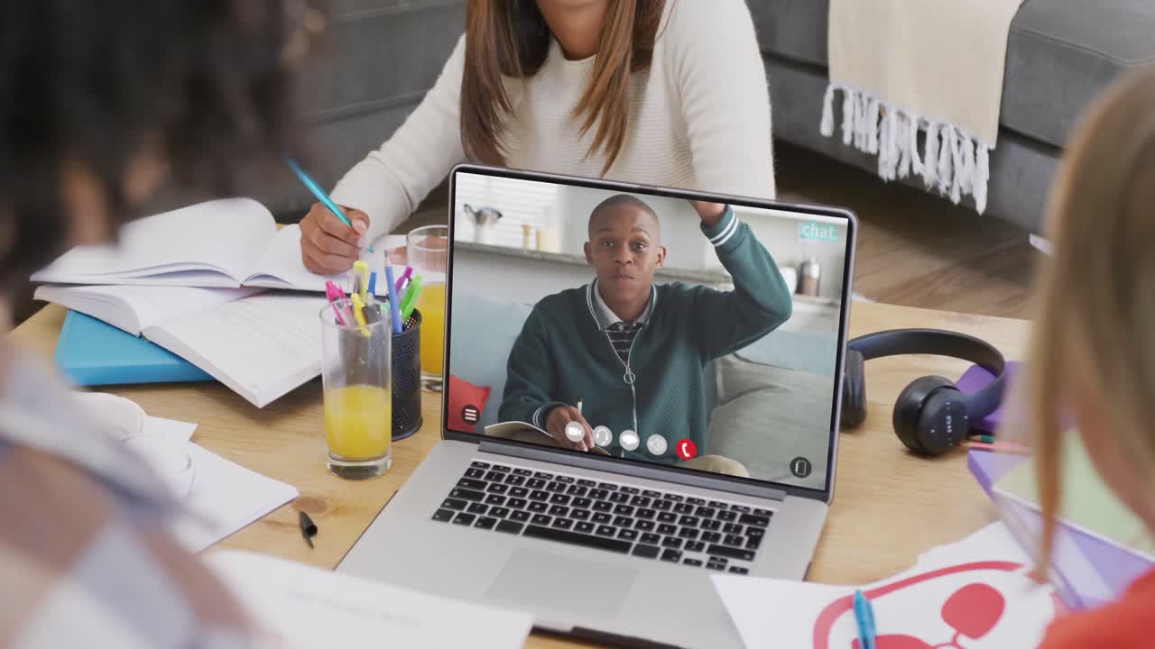 Composition of diverse students on laptop online learning with african american schoolboy