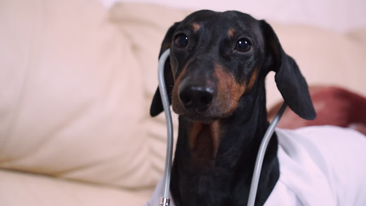 retrato de un lindo perro pequeño dachshund, negro y bronceado, en la ropa de un médico o farmacia de pie en la mesa contra el fondo de varias pastillas, medicamentos, medicamentos en un fondo gris, mirar a su alrededor, ladridos y hojas