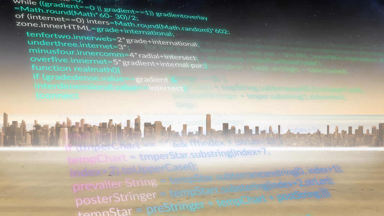 하늘에 대한 강과 마천루 위의 컴퓨터 언어의 애니메이션