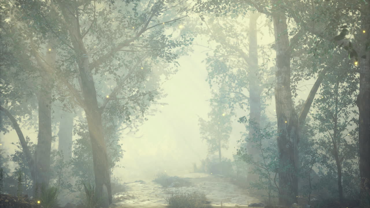 Misty forest path surrounded by tall trees during early morning hours