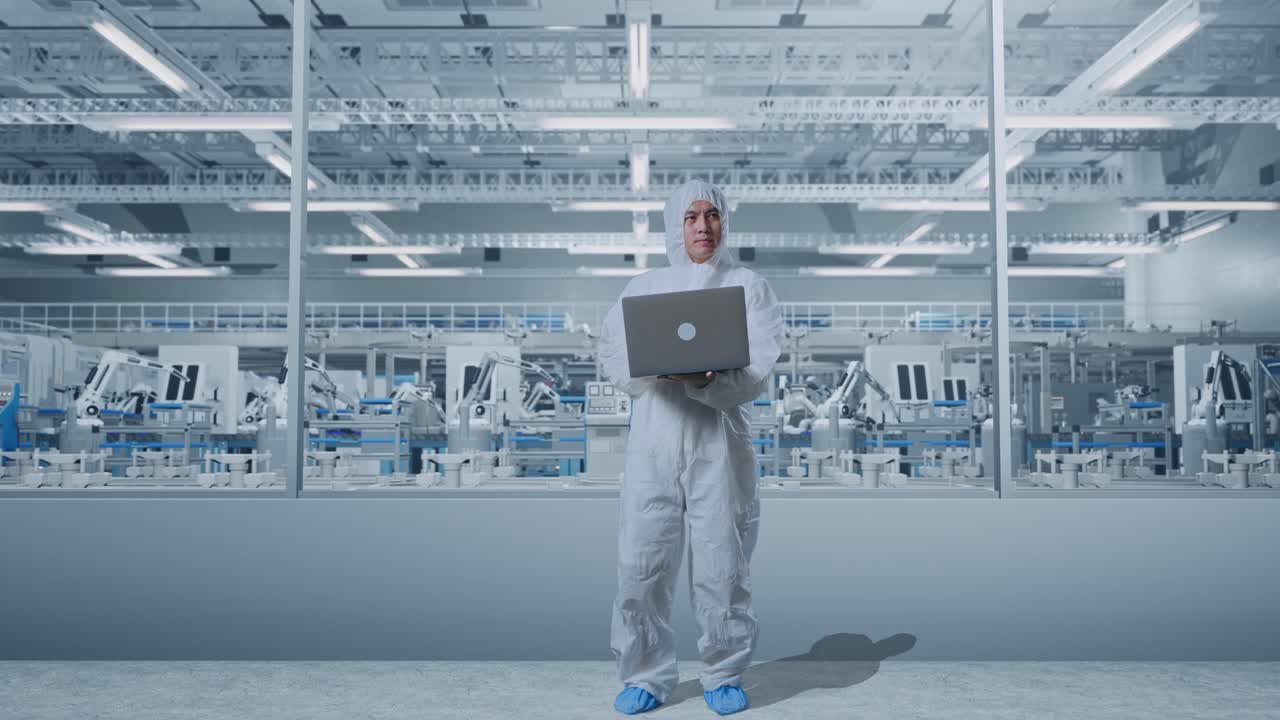 Full Body Of Asian Male Scientist Typing On A Laptop And Looking Around In Modern Lab Factory with Automated Robots