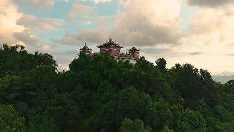 Golden-Hour-Drone-shot-Kathmandu-City-from-Kapan-Buddhist-Monastery-Nepal,-Urban-City-with-Airport-and-Cultural-diversity,-Greencity,-Asia's-best-tourist-place