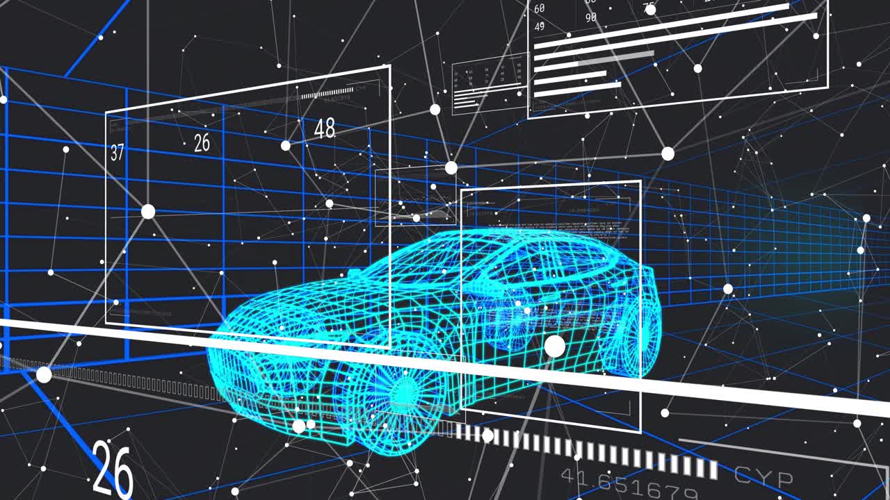 Cyan wireframe car model undergoing system scan triggered by HUD panels fading in, showing metrics