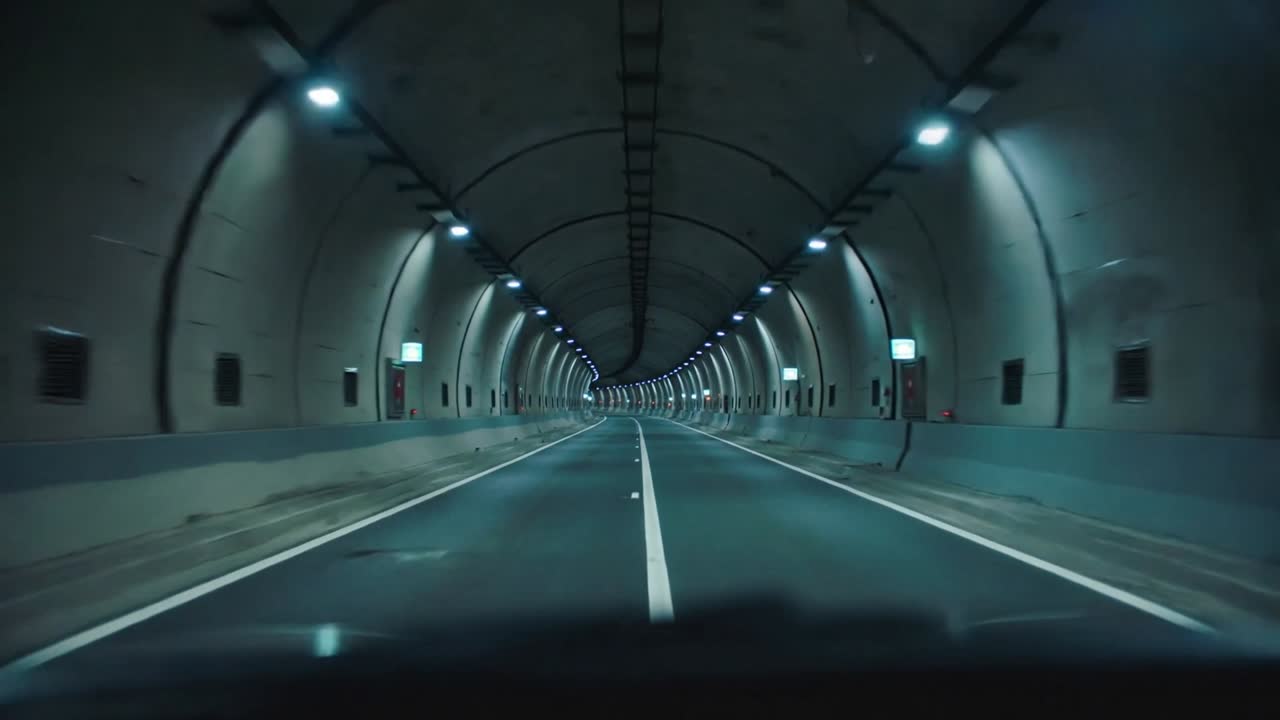 Entrando in una galleria, la telecamera cattura l'avanzamento attraverso la galleria illuminata, con una linea di mezzeria tratteggiata verso una curva.