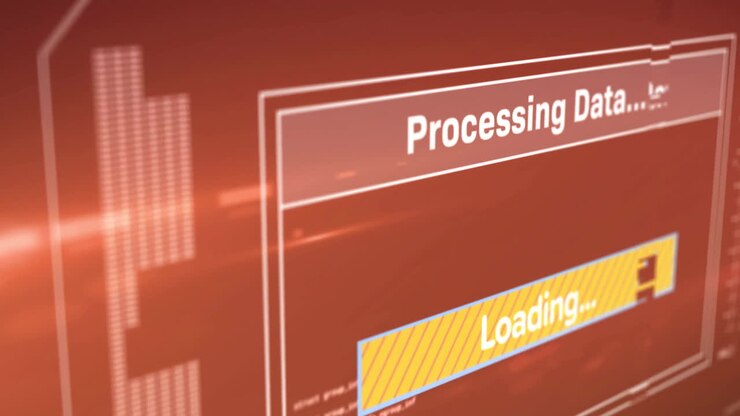 Animation af tekst og digital databehandling over skærm.