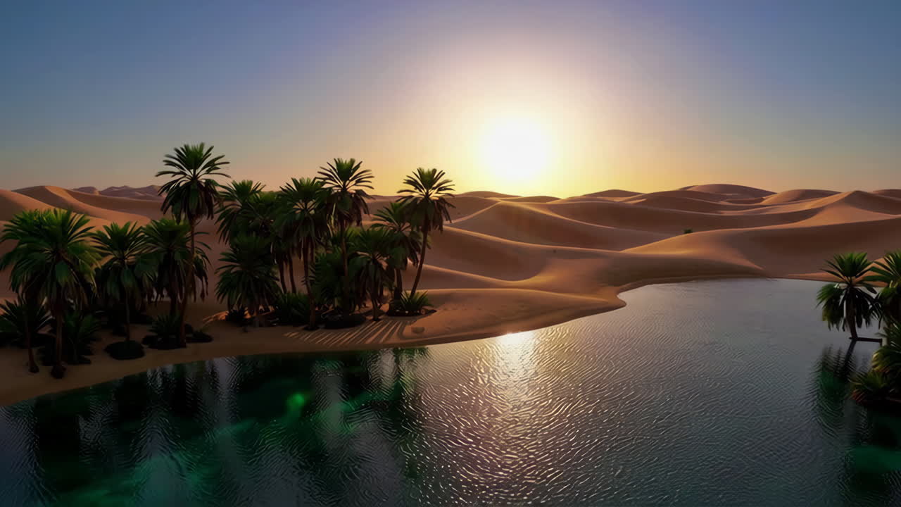 사막 오아시스 해가 지는 곳