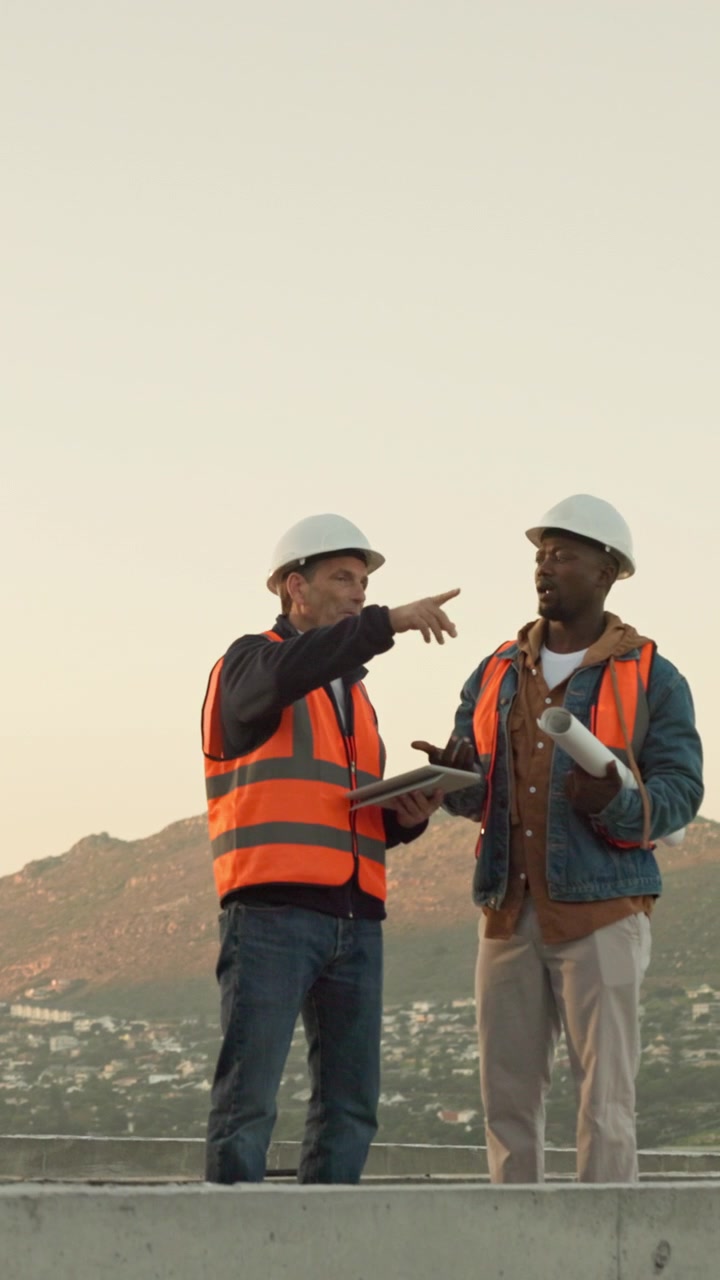 Two Construction Engineers Discussing Project Plans on Building Site