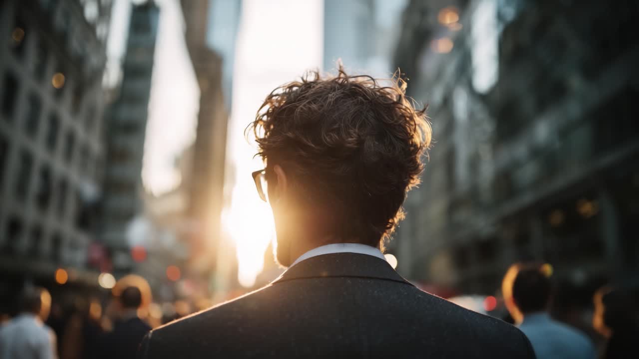 Uma cena contemplativa capturando a silhueta de um homem em uma rua da cidade ao pôr do sol, iluminando uma paisagem urbana movimentada cheia de pessoas e atividade.