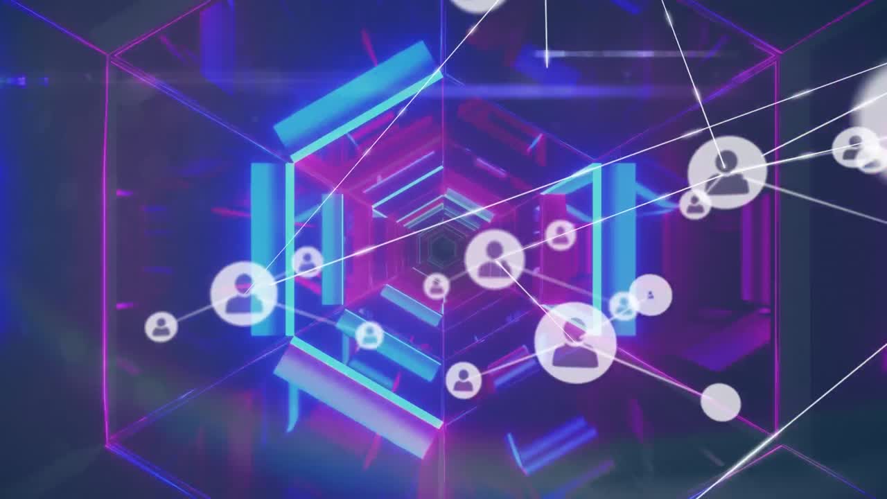 네온 보라색 육각형 터널에 대한 디지털 아이콘 네트워크의 애니메이션