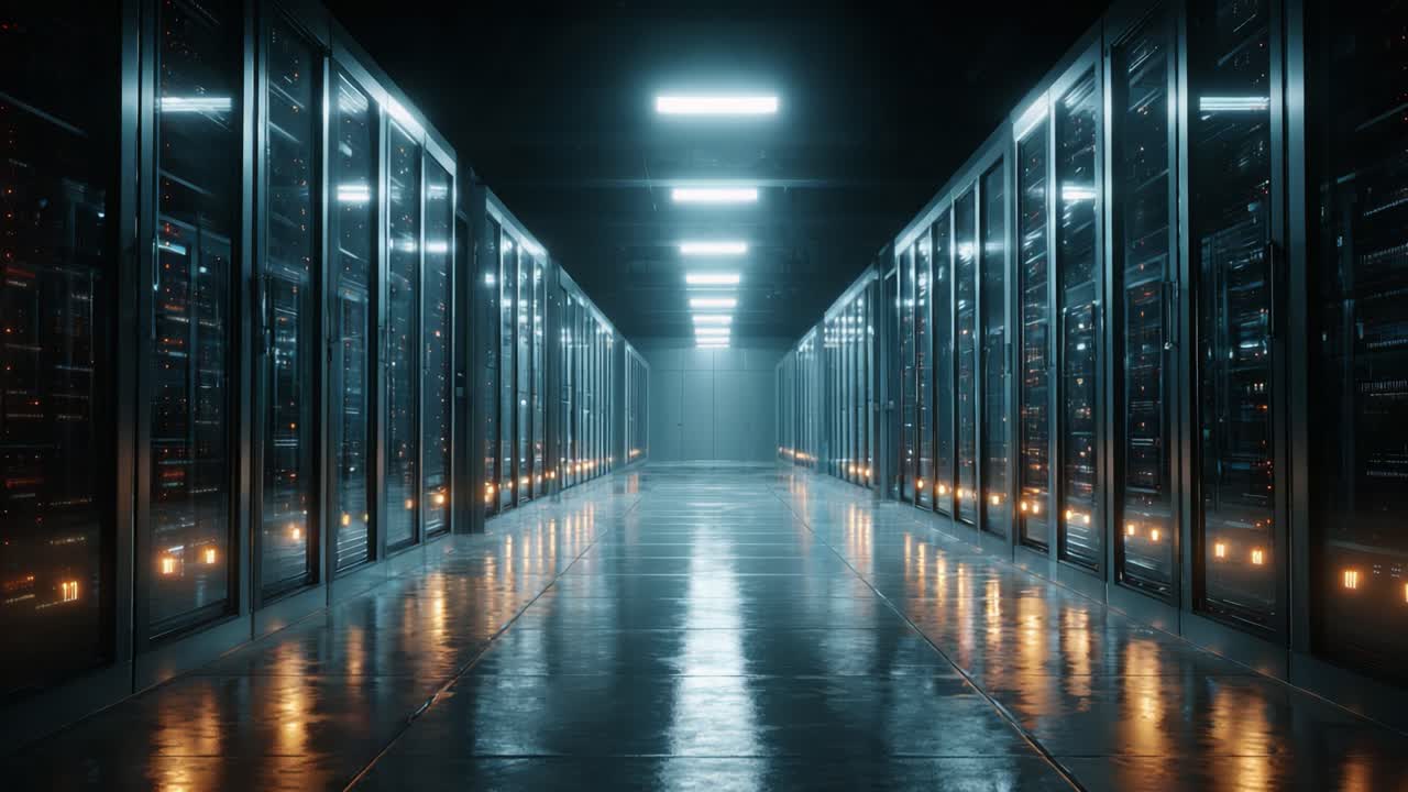 A Stunning View of a Data Center Corridor: A Journey Through a High-Tech Environment Awash in Blue Lighting and Reflections on a Glossy Floor