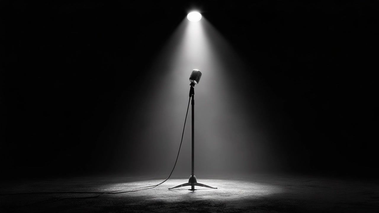 Ein ernstes Mikrofon im Scheinwerferlicht: Ein Symbol für Performance und Ausdruck in einer leeren Bühnenkulisse, das Erwartung und Kreativität in den darstellenden Künsten weckt