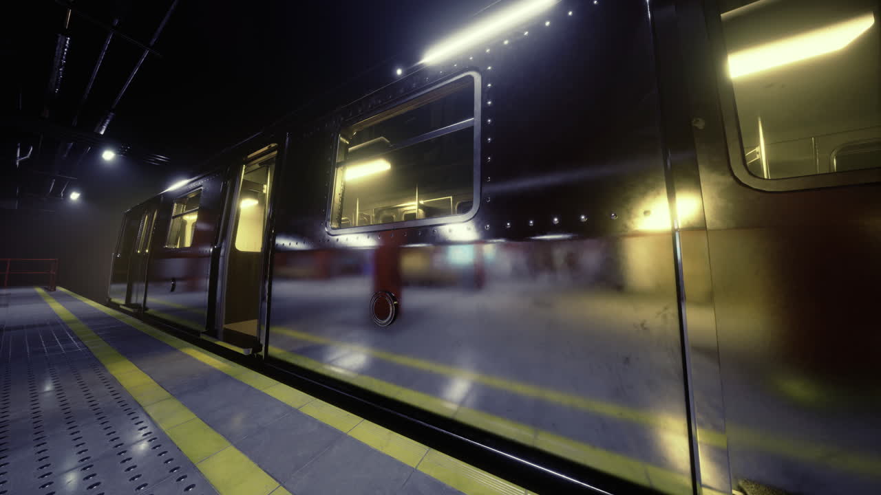 밤 에 희미 하게 빛나는 지하철역 에서 현대 지하철 열차