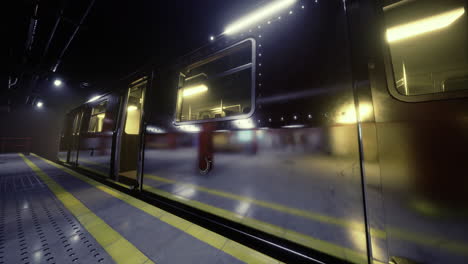 tren de metro moderno en una estación subterránea débilmente iluminada por la noche