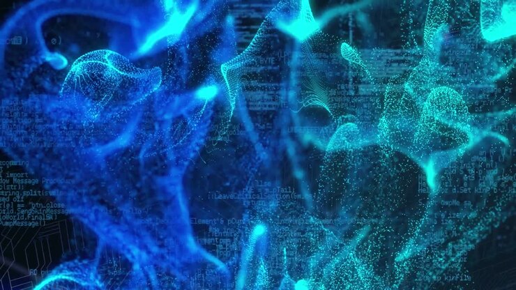 Animation of blue programming language and dynamic wave of dots