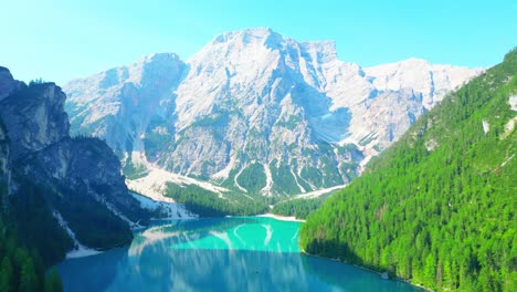 view of the lake braies in dolomites mountains, italy