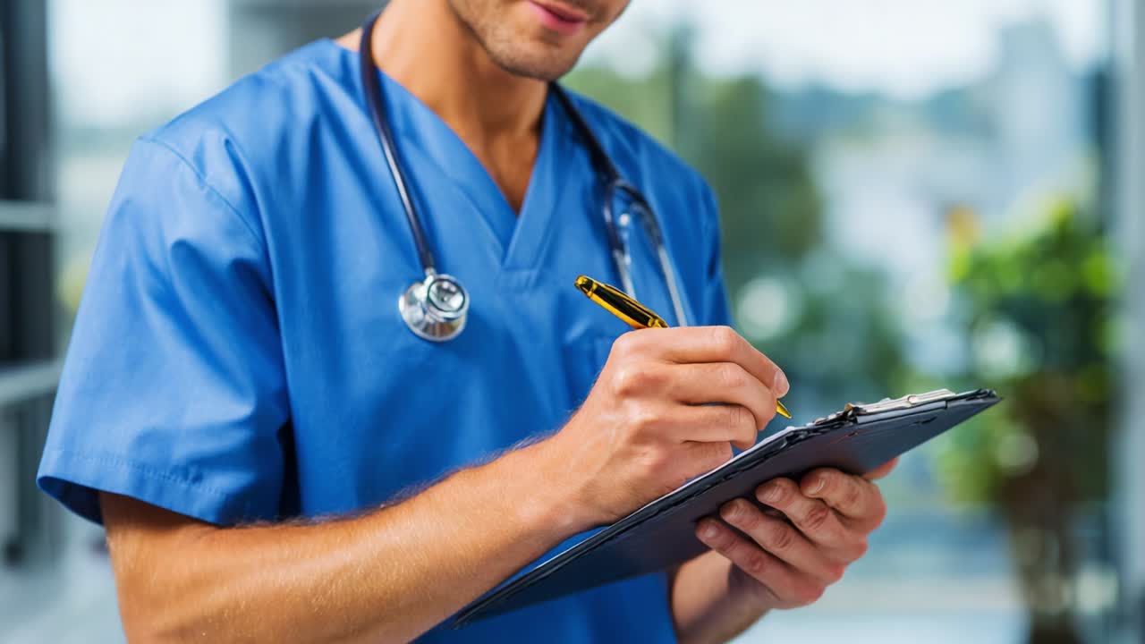 Un professionista sanitario in divisa blu prende diligentemente appunti su un blocco appunti mentre indossa uno stetoscopio al collo, dimostrando attenzione ai dettagli e impegno nella cura del paziente in un ambiente clinico.