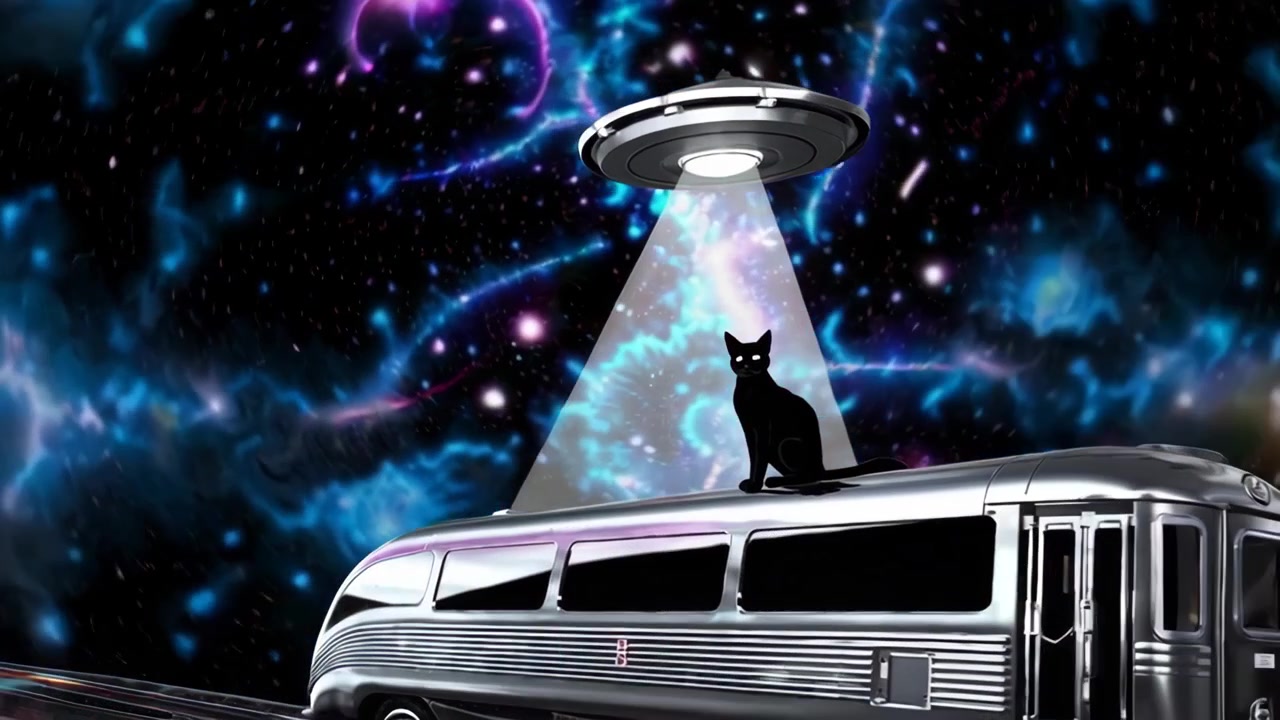 宇宙空間でUFOの下、ビンテージバスの上に座る黒猫