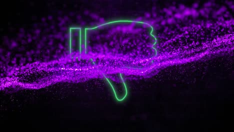 animación del icono de desagrado verde neón y la onda digital brillante púrpura contra el fondo de la pared de ladrillo