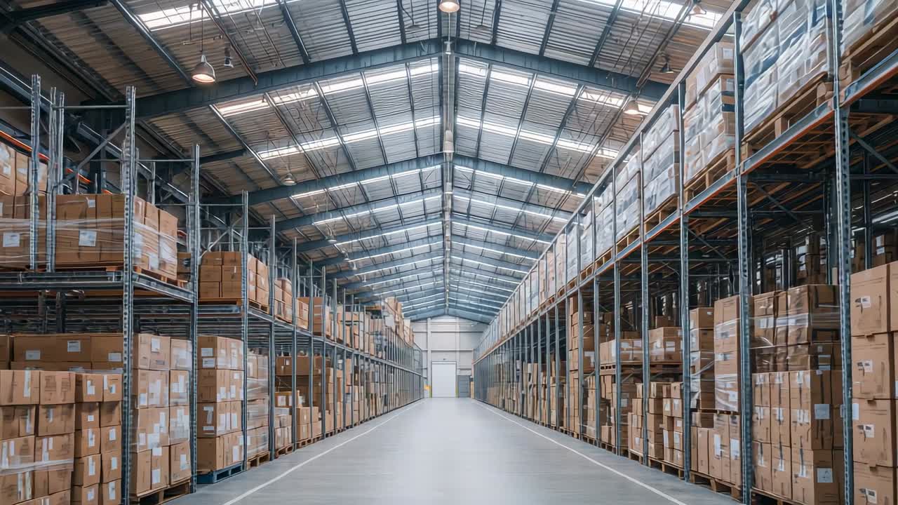 Opening shot showing camera focusing on warehouse aisle, with metal racks, boxes and hanging lights