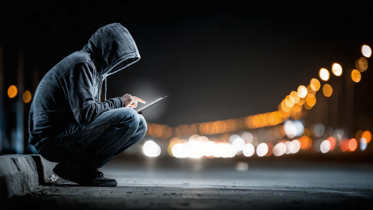 A lone figure in a hoodie crouches on the roadside at night, engrossed in their device while illuminated by distant traffic lights, creating a striking contrast against the dark background