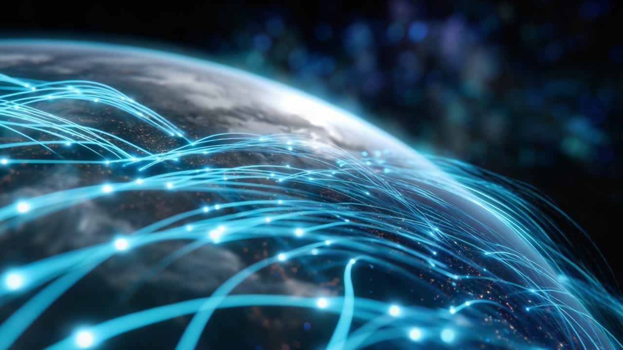 A Stunning View of Earth with Bright, Flowing Data Streams and Connections Illuminating the Night Sky, Representing Global Communication and Interaction