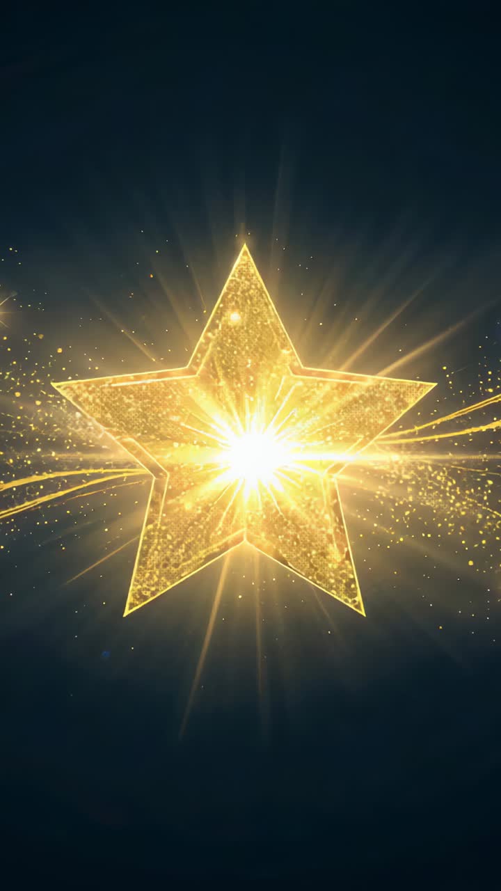 Vertical video: Bursting gold six-pointed star pulsing and sending rays, ribbons and sparks at navy